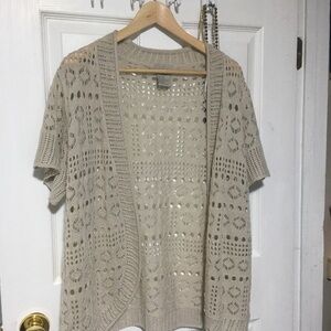 Open-Knit Short Sleeve Cardigan Sweater - Cream
